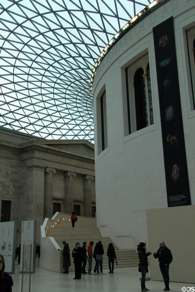 Detail of Glass atrium & former reading room & spiral staircase over Queen Elizabeth Great Court of British Museum. London, United Kingdom.