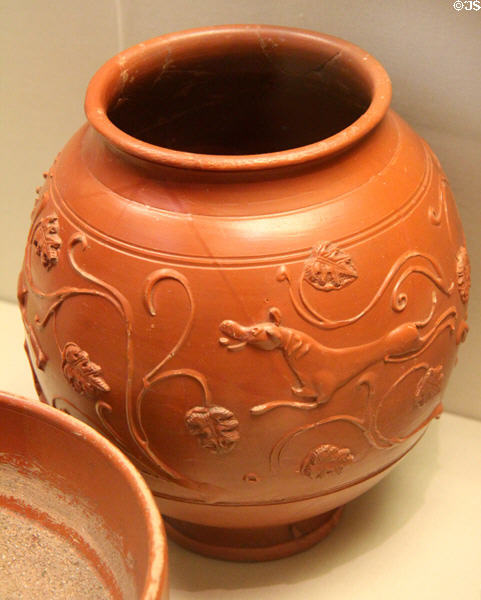 Samian Ware vase (2ndC CE) made in Gaul, imported to Roman Britain at British Museum. London, United Kingdom.