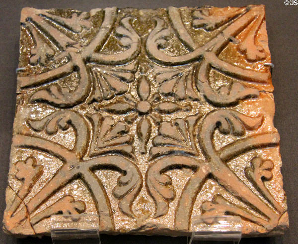 Earthenware relief floor tile (c1151-66) from St Albans Abbey at British Museum. London, United Kingdom.