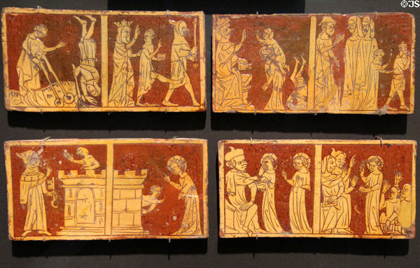 Lead-glazed earthenware Tring, England wall tiles (c1330) with non-Biblical scenes of youth of Jesus, a Medieval invention to fill in missing history of his life at British Museum. London, United Kingdom.