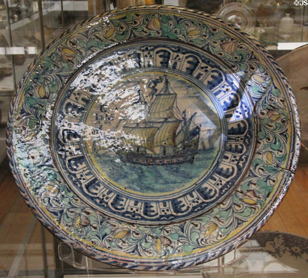 Tin-glazed earthenware plate polychrome painted with sailing ship (1663) from Southwark, London at British Museum. London, United Kingdom.