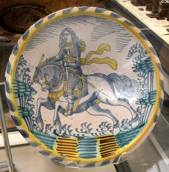 Tin-glazed earthenware dish painted with equestrian figure, probably General Monck (1688) from Southwark, London at British Museum. London, United Kingdom.
