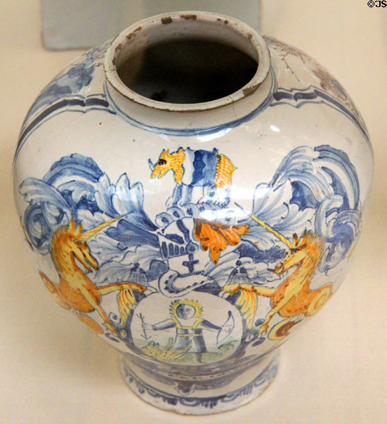 Tin-glazed earthenware drug-jar with arms of Apothecaries Co (c1690) from Lambeth, London at British Museum. London, United Kingdom.