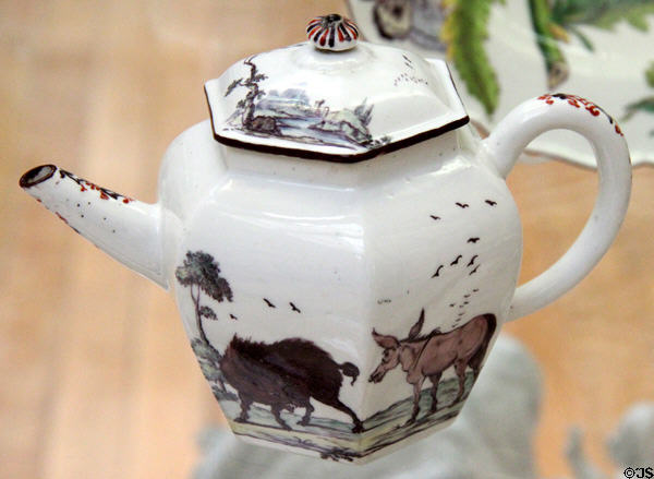 Porcelain teapot with Aesop's Fable about Boar & Ass (1752-6) perhaps painted by J.H. O'Neale for Chelsea Factory, London at British Museum. London, United Kingdom.