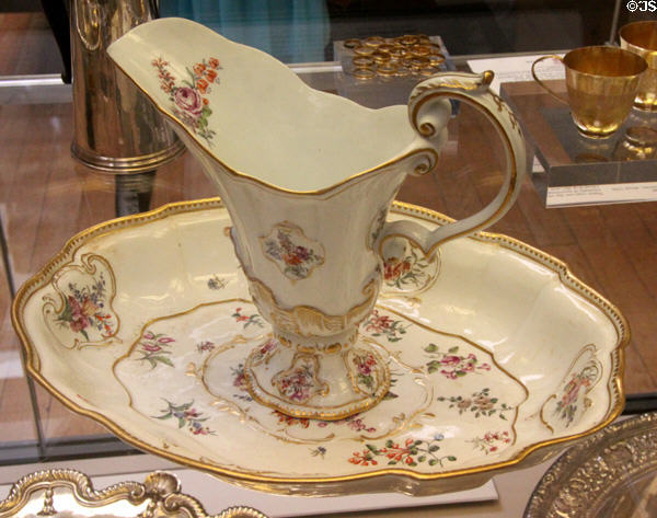Porcelain ewer & basin in rare French shape (1759-60) by Chelsea Porcelain Factory, London at British Museum. London, United Kingdom.