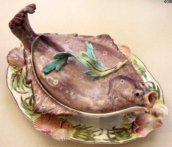 Porcelain sauce-tureen in shape of plaice (c1755-6) by Chelsea Porcelain Factory, London at British Museum. London, United Kingdom.