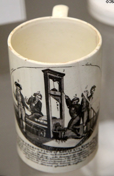 Creamware mug transfer-printed with Execution of French King Louis XVI (c1765) prob. from Staffordshire at British Museum. London, United Kingdom.