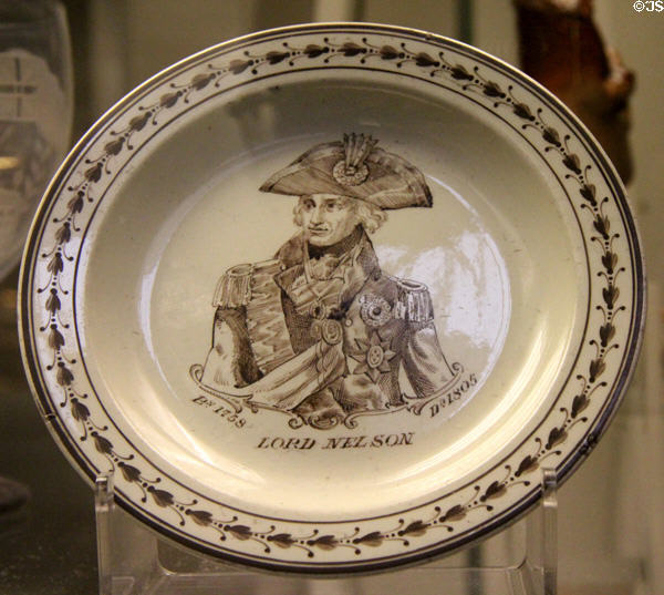 Creamware soup plate transfer-printed with portrait of Lord Nelson (after 1805) made in Staffordshire at British Museum. London, United Kingdom.