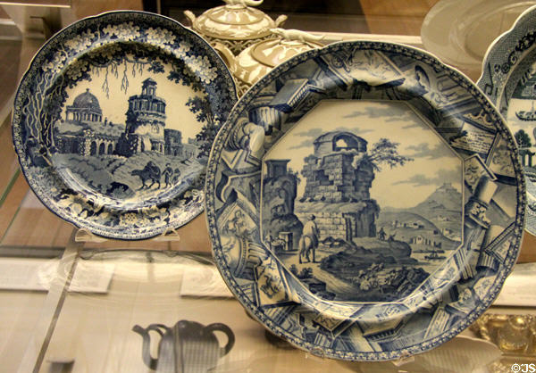 Earthenware plates printed with Indian temple & buffalo (1800-20) by J&G Rogers of Longport plus classical ruins (1825-40) by Miles Mason of Lane Delph both from Staffordshire at British Museum. London, United Kingdom.
