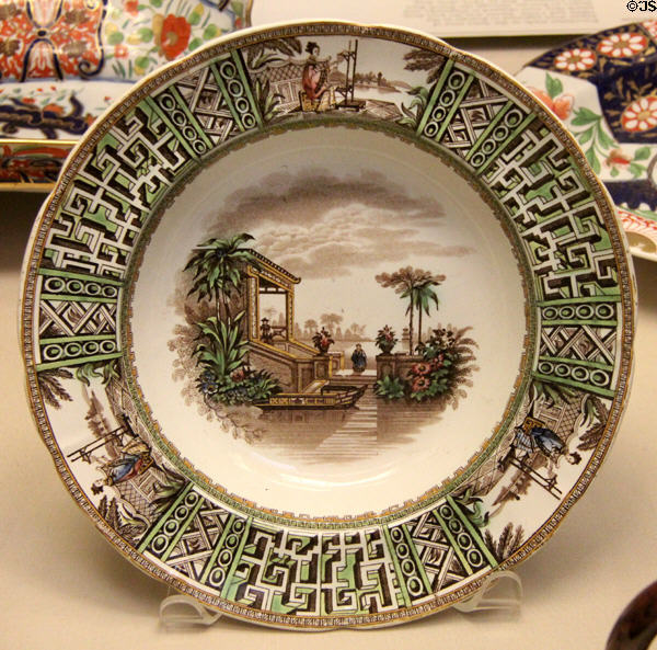 Earthenware soup plate printed with Chinese Garden pattern (c1835-40) by Copeland of Stoke-on-Trent for export to Canada at British Museum. London, United Kingdom.