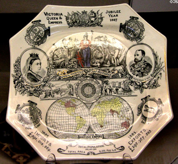 Earthenware plate transfer-printed with scenes for Queen Victoria's golden jubilee (1887) made in Staffordshire at British Museum. London, United Kingdom.