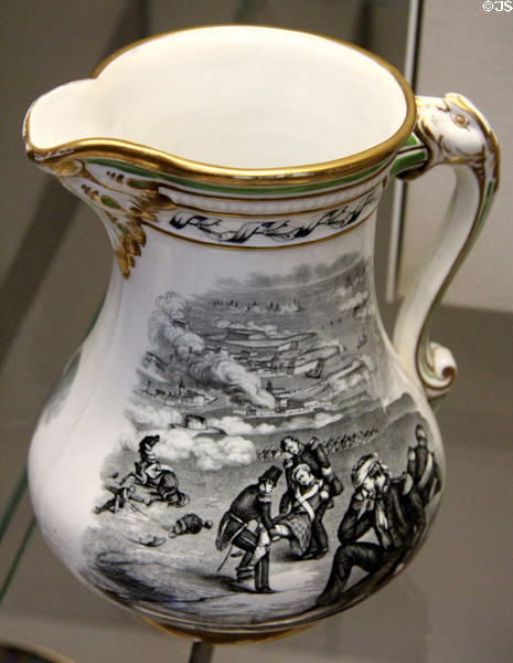 Earthenware jug transfer-printed with scenes of Crimean War (1855) by S. Alcock & Co., Burslem, Staffordshire at British Museum. London, United Kingdom.