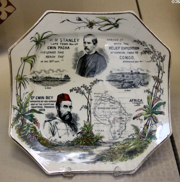 Earthenware plate transfer-printed with scenes of Congo Relief Expedition (1887) made in Staffordshire at British Museum. London, United Kingdom.