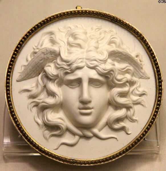 Gorgon Medusa stoneware medallion (1773-6) by Wedgwood & Bentley of Etruria at British Museum. London, United Kingdom.