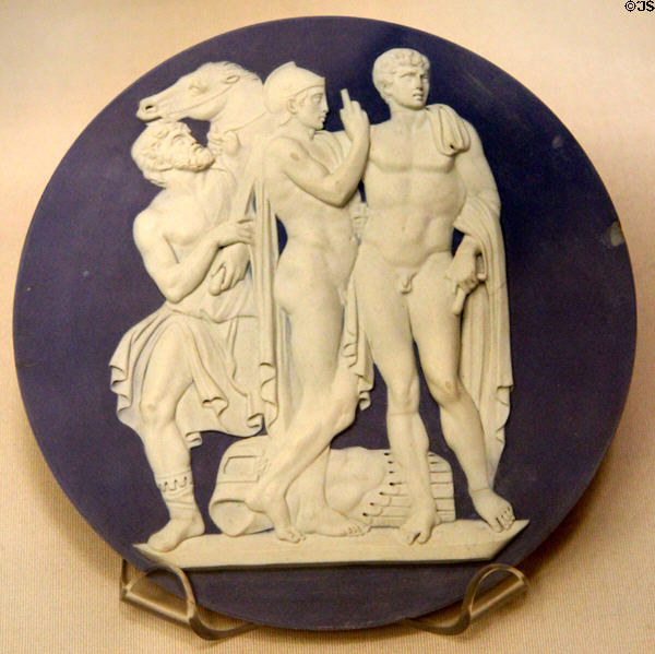 Wedgwood blue jasper plaque showing Three Warriors & Horse based on Roman sarcophagus (1785-90) prob modeled by Camillo Pacetti at British Museum. London, United Kingdom.