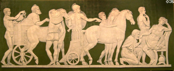 Wedgwood green jasper plaque showing Priam Begging for body of Hector (1788) modeled by Camillo Pacetti at British Museum. London, United Kingdom.