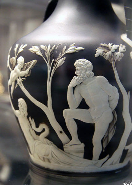 Rare blue jasperware copy of Portland vase (c1790) by Josiah Wedgwood & Sons after Roman glass cameo glass once owned by Duchess of Portland at British Museum. London, United Kingdom.