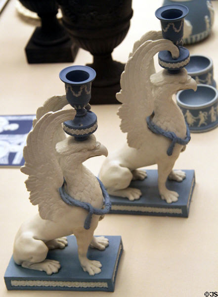 Pair of Wedgwood blue jasper neo-Greek sphinx candlesticks (1792) after design by William Chambers at British Museum. London, United Kingdom.