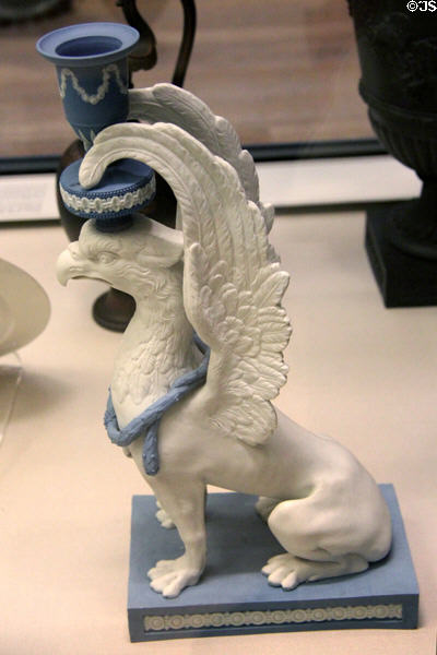 Wedgwood blue jasper neo-Greek sphinx candlesticks (1792) with wings curved to support candle cup at British Museum. London, United Kingdom.