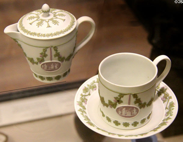 Wedgwood green foliage on white jasper ware coffee cup & saucer plus cream jug with lilac jasper inset cameo (late 18thC) at British Museum. London, United Kingdom.