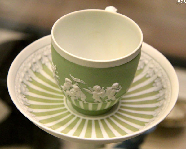 Wedgwood green & white jasper ware coffee cup & saucer with cherubs at play (late 18thC) at British Museum. London, United Kingdom.