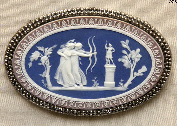 Wedgwood blue jasper & lilac plaque mounted in beaded steel depicting 'Votaries of Diana' (late 18thC) prob. for decoration of a casket at British Museum. London, United Kingdom.