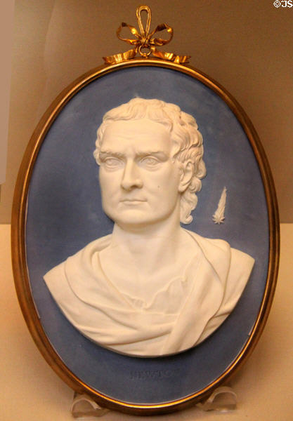 Isaac Newton portrait medallion with Halley's comet of Wedgwood blue jasper (c1779) by J. Flaxman at British Museum. London, United Kingdom.