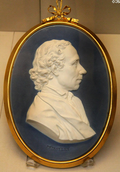 Joseph Priestly (discoverer of oxygen) portrait medallion of Wedgwood blue jasper (c1779) by J. Flaxman at British Museum. London, United Kingdom.