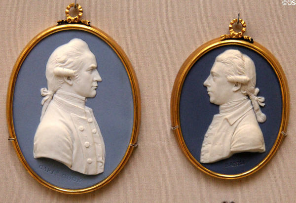 Pacific explorer James Cook & botanist Joseph Banks portrait medallions of Wedgwood blue jasper (c1784-5) by J. Flaxman at British Museum. London, United Kingdom.