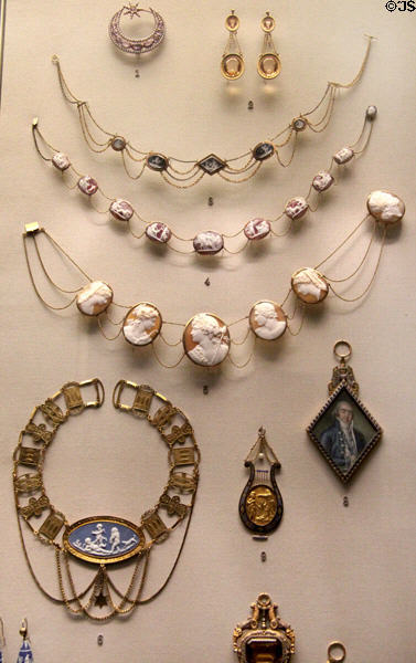 Wedgwood jasper cameos mounted as necklaces & pendants (18thC-19thC) plus similar small objects at British Museum. London, United Kingdom.