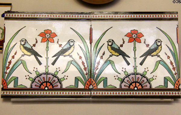 Earthenware tiles with Tomtits pattern (1870) by Christopher Dresser made by Minton & Co of Stoke-on-Trent at British Museum. London, United Kingdom.
