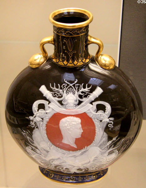 Porcelain flask with cameo head of Augustus (1879) by Thomas Mellor made by Minton & Co of Stoke-on-Trent at British Museum. London, United Kingdom.