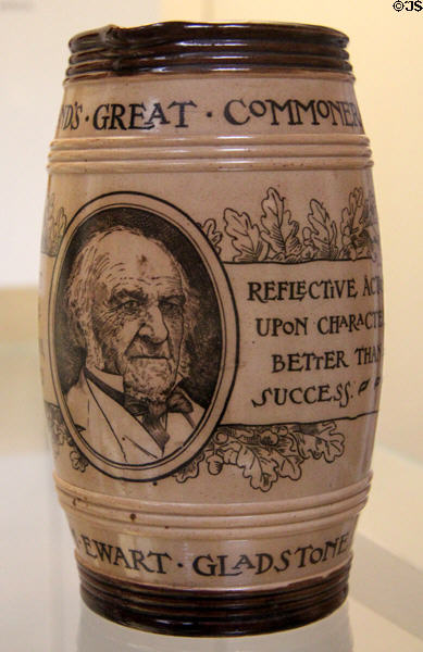 Stoneware jug transfer-printed with portrait of Gladstone (1879) by Doulton & Co, London at British Museum. London, United Kingdom.
