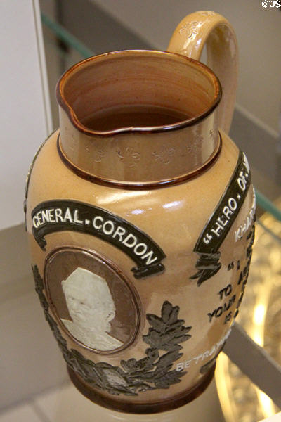 Stoneware jug with portrait of General Gordon killed during siege of Khartoum in Sudan (1885) by Doulton & Co, London at British Museum. London, United Kingdom.