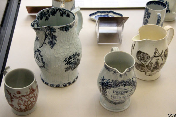 Collection of printed porcelain jugs & mugs (2nd half 18thC) made in Liverpool at British Museum. London, United Kingdom.
