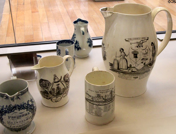Collection of printed porcelain jugs & mugs (2nd half 18thC) made in Liverpool at British Museum. London, United Kingdom.