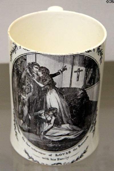 Creamware mug transfer-printed of last meeting of French King Louis XVI with his family before execution (1793) prob from Liverpool at British Museum. London, United Kingdom.