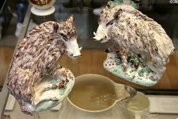Porcelain models of boars (c1752-5) by Andrew Planché Factory of Derby, England at British Museum. London, United Kingdom.