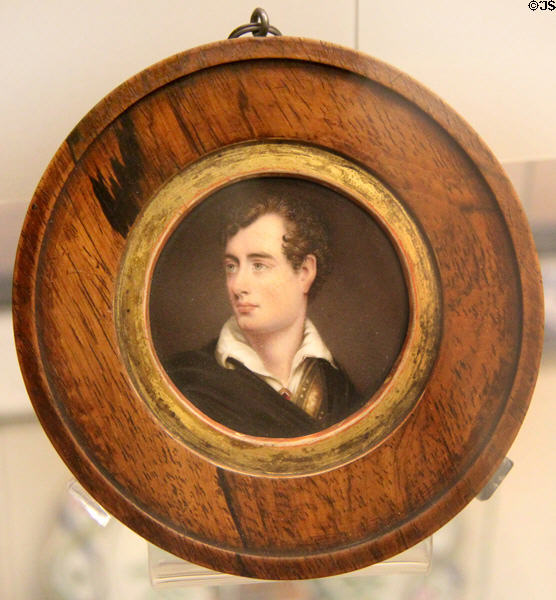 George Gordon, Lord Byron portrait painted by J. Haslem on Derby porcelain plaque at British Museum. London, United Kingdom.