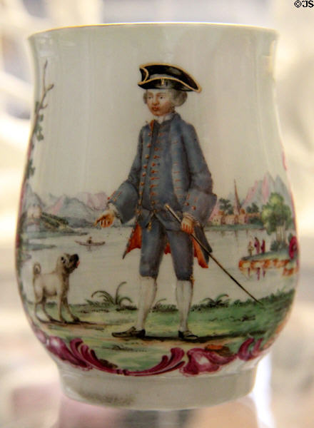 Porcelain jug painted with arms of Rev. Alexander Chalmers (1759) perhaps by James Rogers for Worcester factory at British Museum. London, United Kingdom.