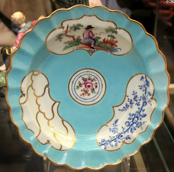 Porcelain plate painted with sample patterns (1770) by James Giles studio for Worcester factory at British Museum. London, United Kingdom.