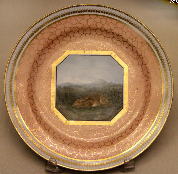 Porcelain plate painted with Hare (c1814-6) by Chamberlain factory of Worcester at British Museum. London, United Kingdom.