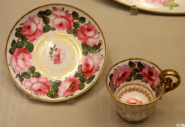 Porcelain cup & saucer (c1820) decorated at Swansea, Wales at British Museum. London, United Kingdom.