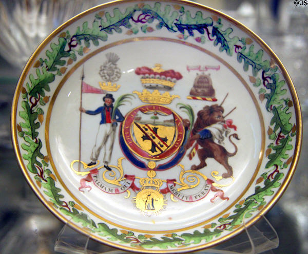 Porcelain saucer commemorating Nelson's victories (c1810) by Coalport at British Museum. London, United Kingdom.