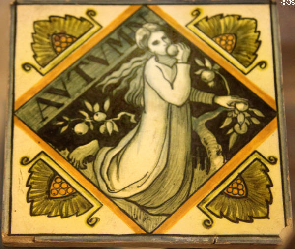 Earthenware tile depicting Autumn (c1875) by W.B. Simpson & Sons, London at British Museum. London, United Kingdom.