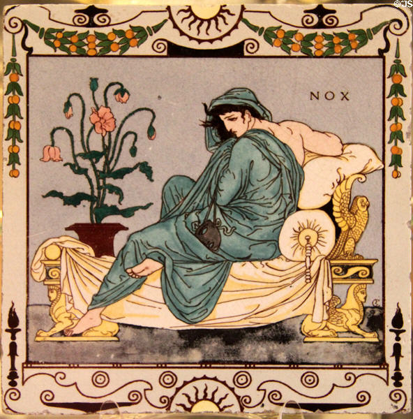 Earthenware tile depicting Night exhibited at Paris Exhibition of 1878 by Walter Crane & made by Maw & Co, Broseley, Shropshire at British Museum. London, United Kingdom.