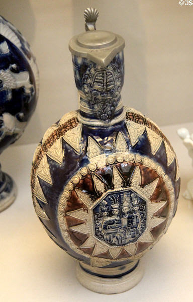 Salt-glazed stoneware jug painted with cobalt-blue (c1651-5) from Westerwald, Germany at British Museum. London, United Kingdom.