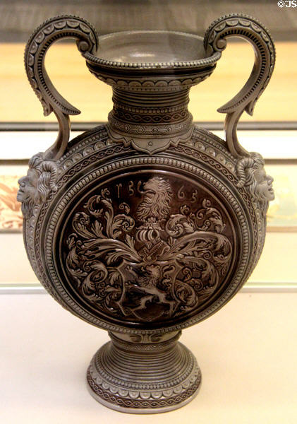 Stoneware vase with mock Renaissance design (c1873) by Merkelbach & Wick, Grenzhausen, Rhineland at British Museum. London, United Kingdom.