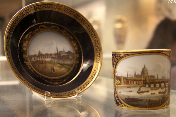 Meissen porcelain cup & saucer with views of Dresden & London (c1800) at British Museum. London, United Kingdom.