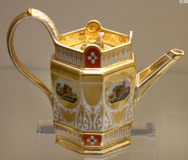 Porcelain octagonal coffee-pot; with raised rim & gold finish (c1820) by Berlin Porcelain Factory (KPM) at British Museum. London, United Kingdom.